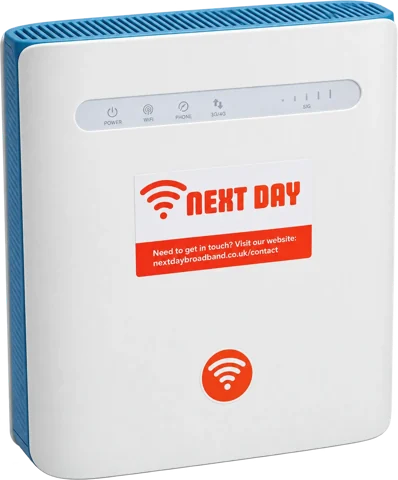 Everyday no credit check broadband router: white plug-in 4G router with the Next Day label