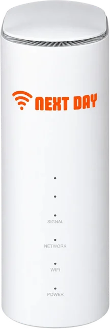 Everyday Plus no credit check broadband router: tall white 5G router with the Next Day logo
