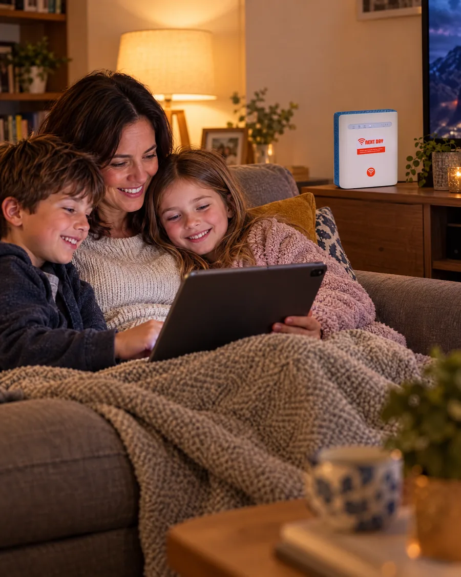 A parent and two children watching a tablet on the sofa, with the Next Day router on the TV unit
