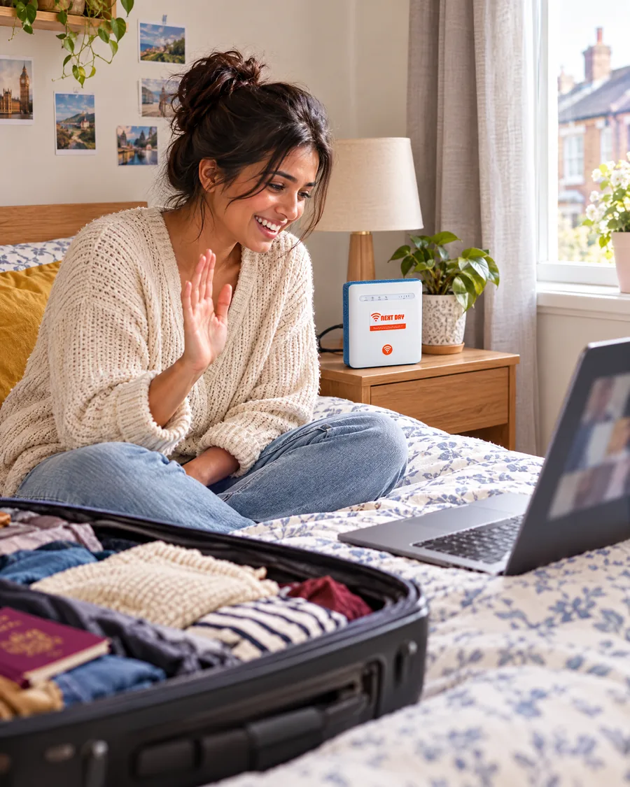 A woman who has just moved to the UK video-calling family from her new room, with the Next Day router on the bedside table