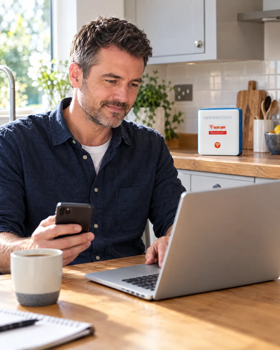 A self-employed man working at his kitchen table with the Next Day router on the worktop