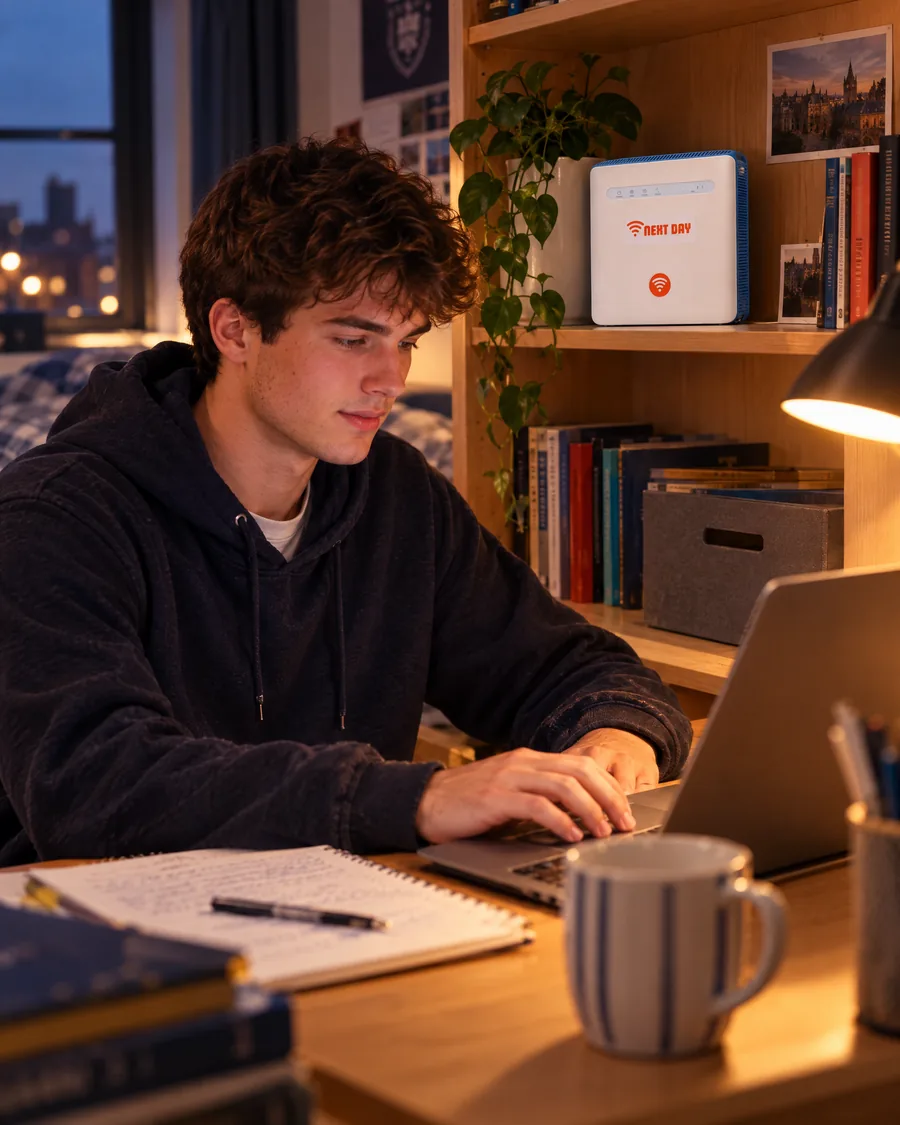 A student studying at his desk in the evening with the Next Day router on the shelf