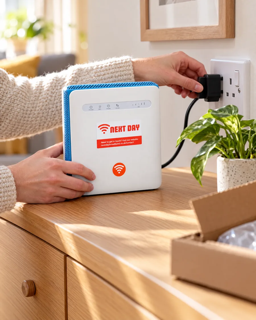 Hands plugging the white Next Day router into a wall socket on a sideboard